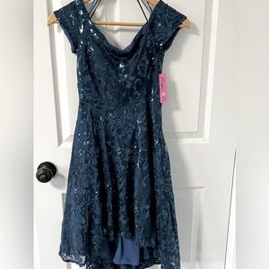 Teal cocktail dress off the shoulder with sequence size 1